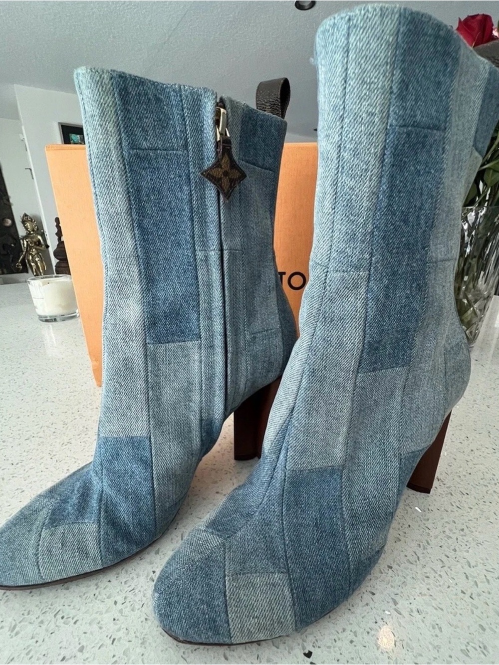 Louis Vuitton Denim Patchwork Women's Ankle Boots - Blue size 6.5 iconic heel